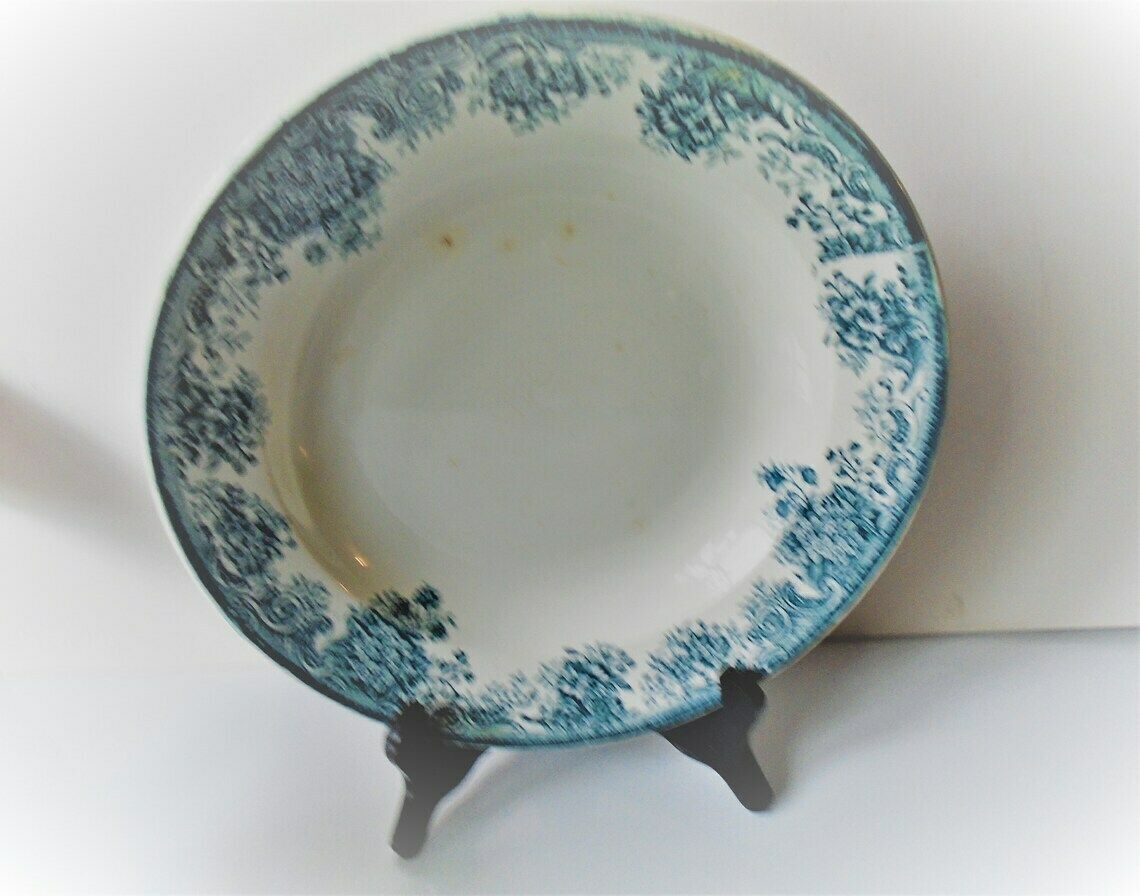 photo for sale Antique French Ironstone Cream And Green Blue Transferware Serving Dish St. Amandinoise Printania