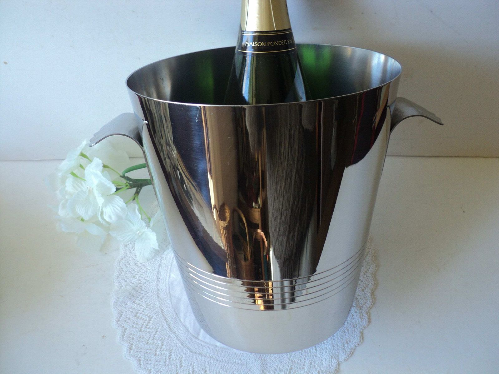 Vintage French Modernist Polished Steel/ Champagne / Wine Bucket / Bottle Holder/ 18/10 Steel Remy Letang photo for sale
