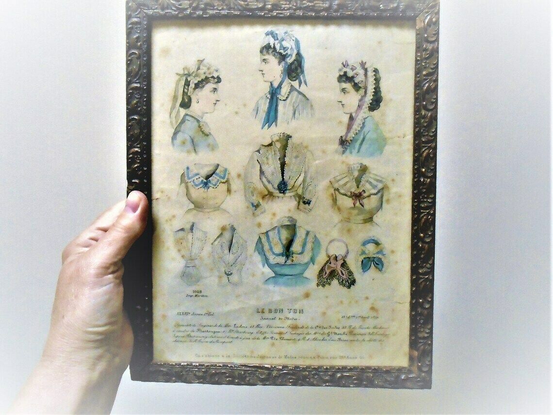 Antique French Framed Fashion Print 1920s A La Mode Ladies In Hats photo vintage