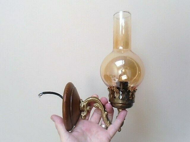 Vintage French Brass Wall Sconce With Pale Orange Glass Glass Shade, Electric Wall Lamp