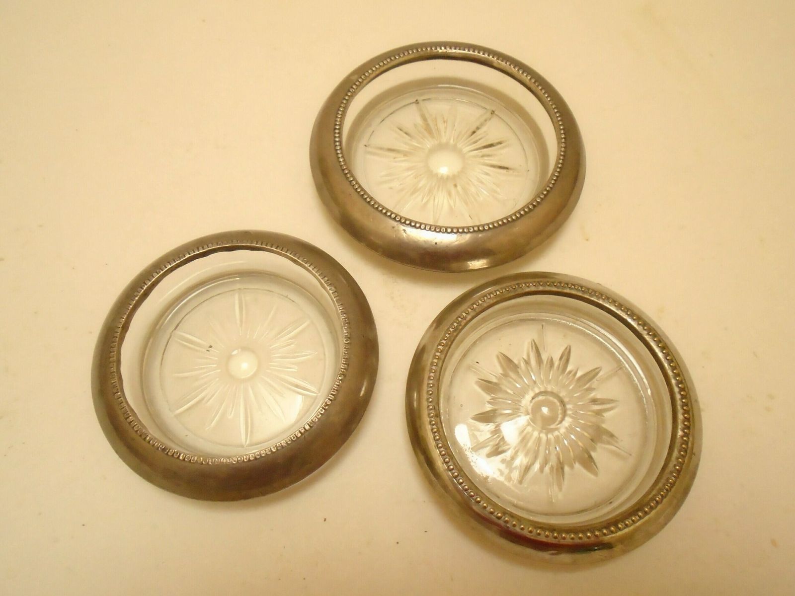 Vintage Silver Plated Glass Coaster Set, Wine Bottle And Glasses Coasters, Starburst Glass Coasters