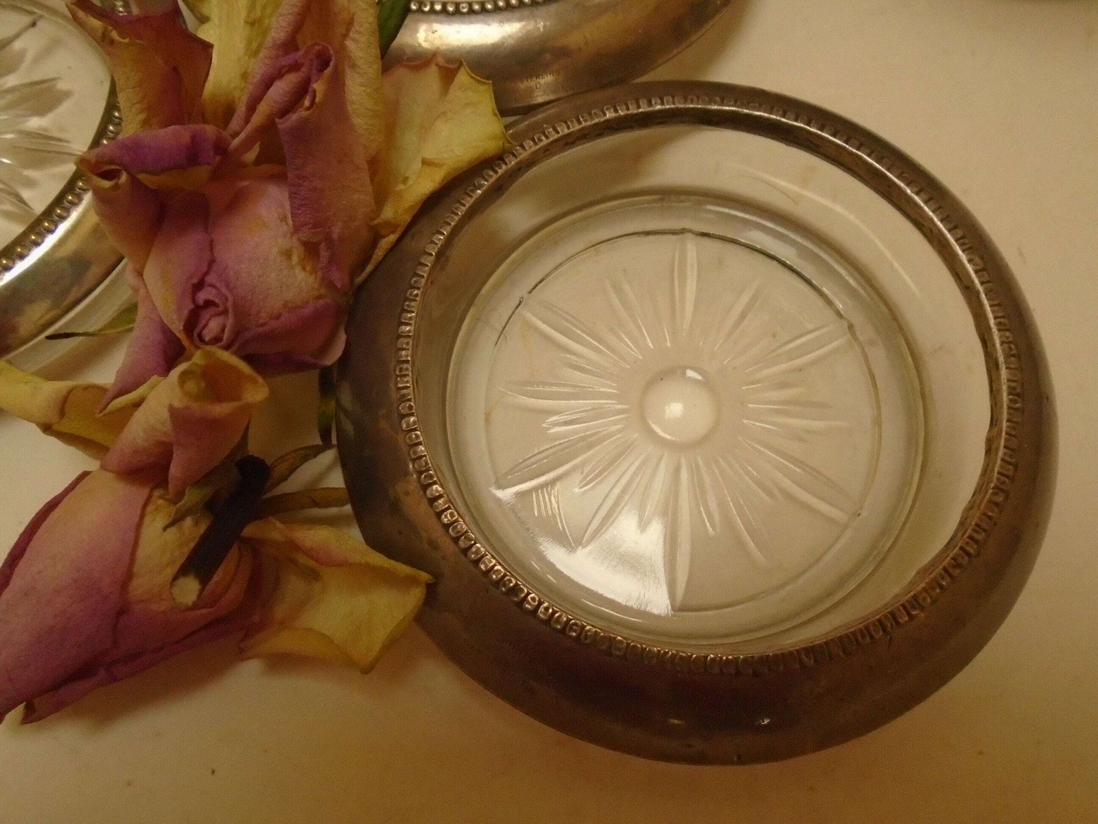 photo for sale Vintage Silver Plated Glass Coaster Set, Wine Bottle And Glasses Coasters, Starburst Glass Coasters
