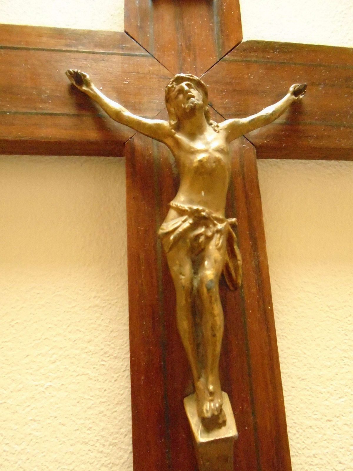 Antique French Art Deco Inlaid Wood Wall Crucifix With Bronze Corpus Of Christ
