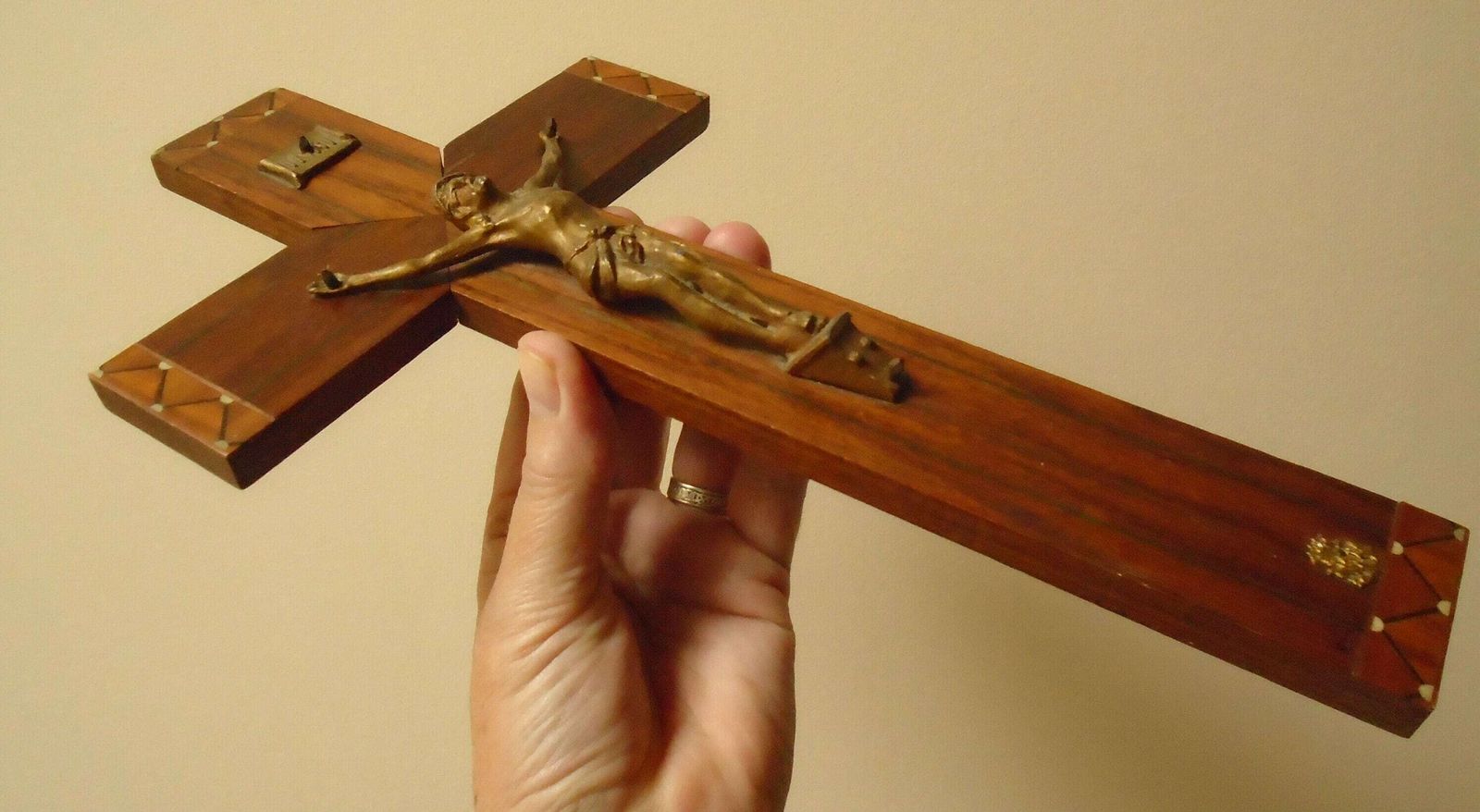 Antique French Art Deco Inlaid Wood Wall Crucifix With Bronze Corpus Of Christ photo for sale