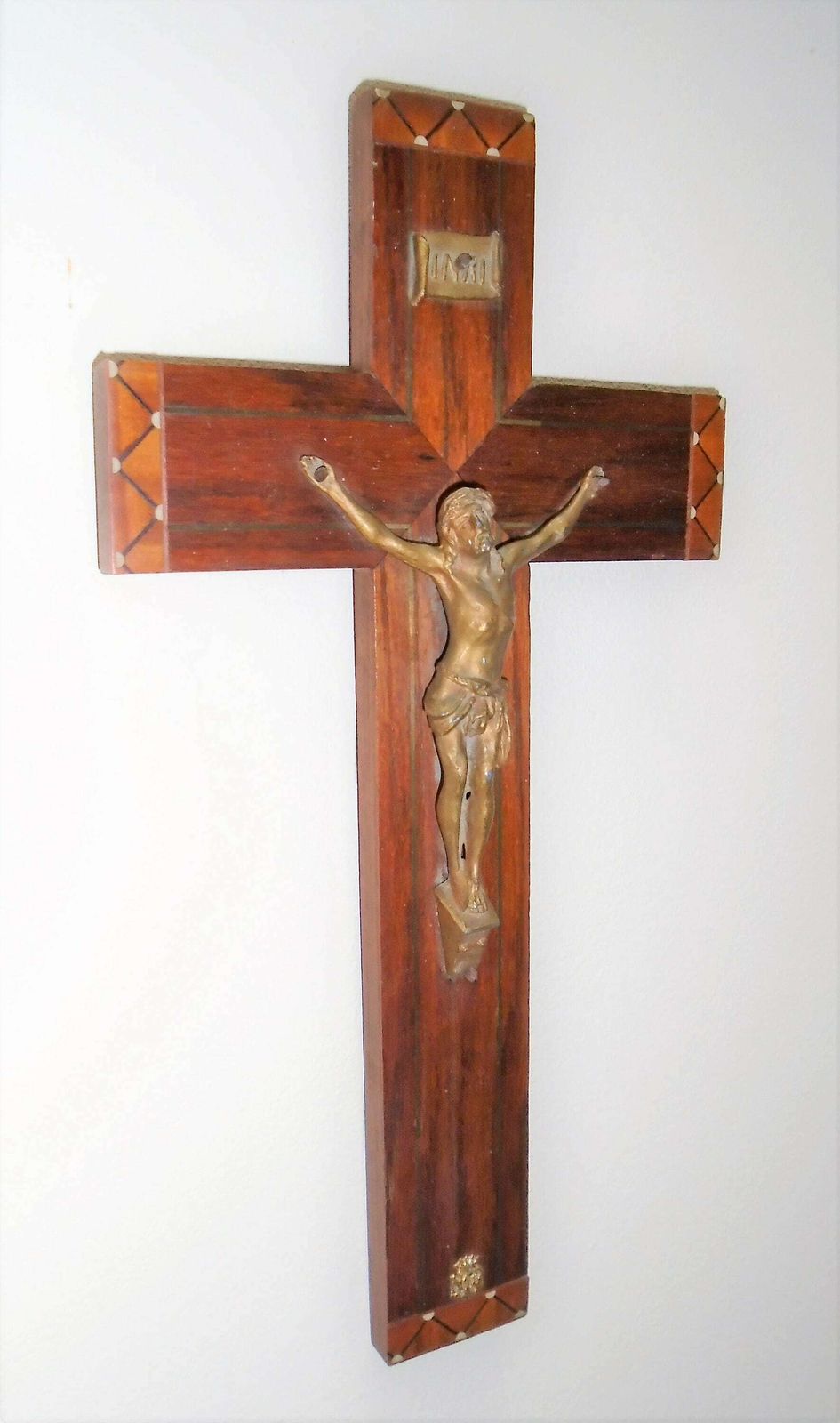 Antique French Art Deco Inlaid Wood Wall Crucifix With Bronze Corpus Of Christ photo buy