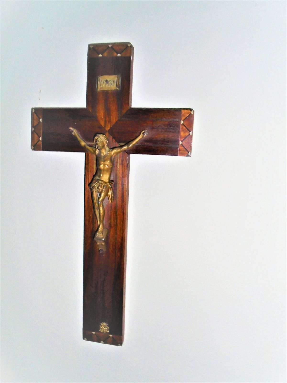 Antique French Art Deco Inlaid Wood Wall Crucifix With Bronze Corpus Of Christ photo vintage