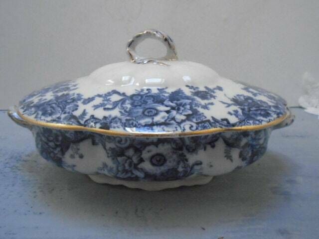 Antique Adderley English White And Blue Floral Ironstone Tureen, Oval Lidded Serving Dish, Eton Indigo Blue