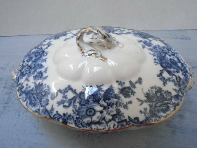 Antique Adderley English White And Blue Floral Ironstone Tureen, Oval Lidded Serving Dish, Eton Indigo Blue photo furniture