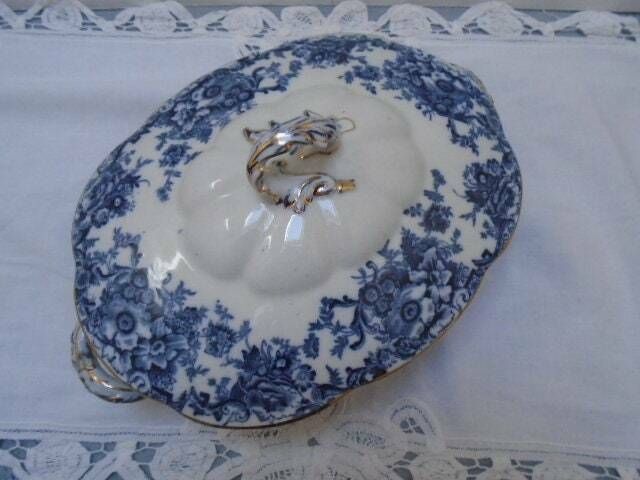 photo furniture Antique Adderley English White And Blue Floral Ironstone Tureen, Oval Lidded Serving Dish, Eton Indigo Blue