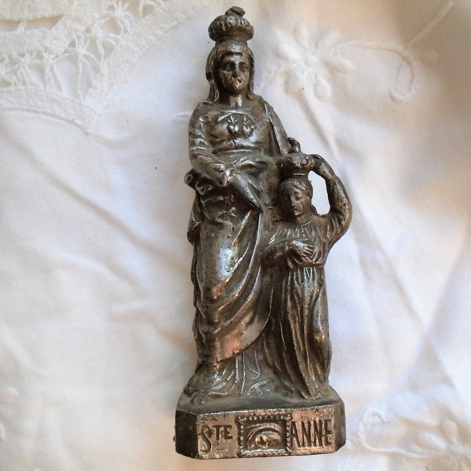 Antique French Bronze Cast St. Anne Statue, With The Child Jesus, St. Anne D'auray, Crowned Religious Figure