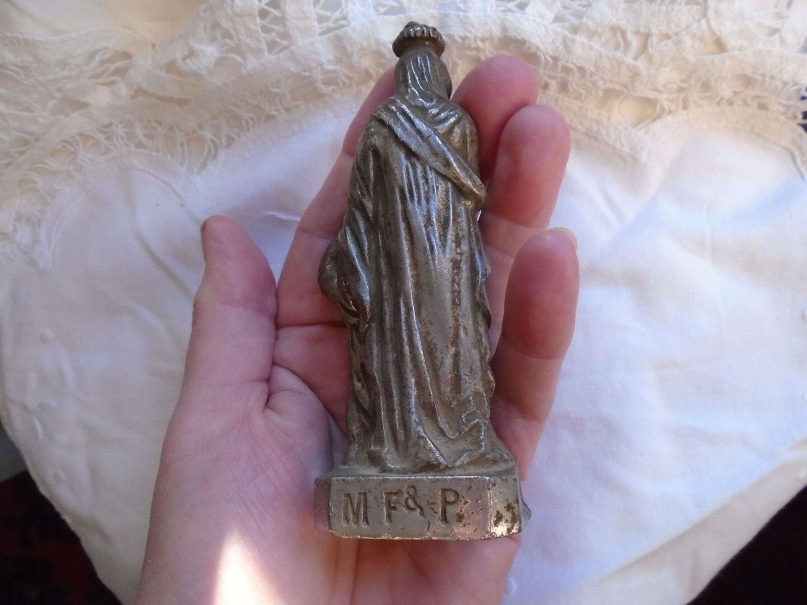 Antique French Bronze Cast St. Anne Statue, With The Child Jesus, St. Anne D'auray, Crowned Religious Figure photo furniture