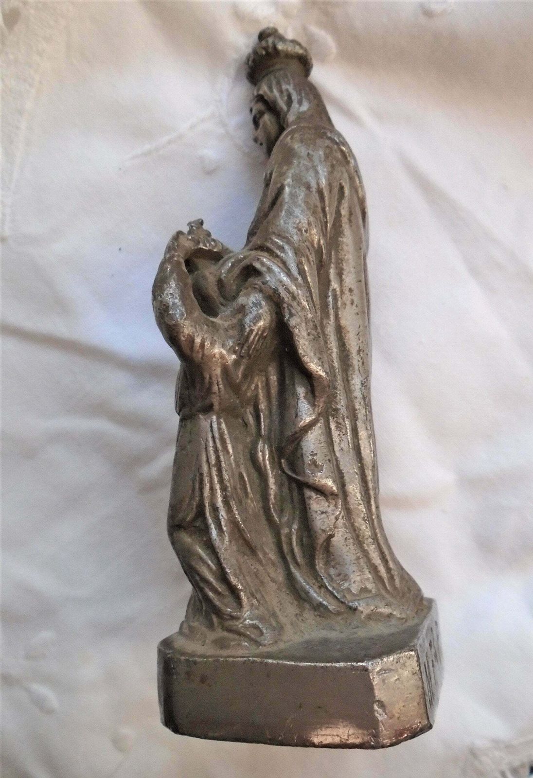 Antique French Bronze Cast St. Anne Statue, With The Child Jesus, St. Anne D'auray, Crowned Religious Figure photo for sale