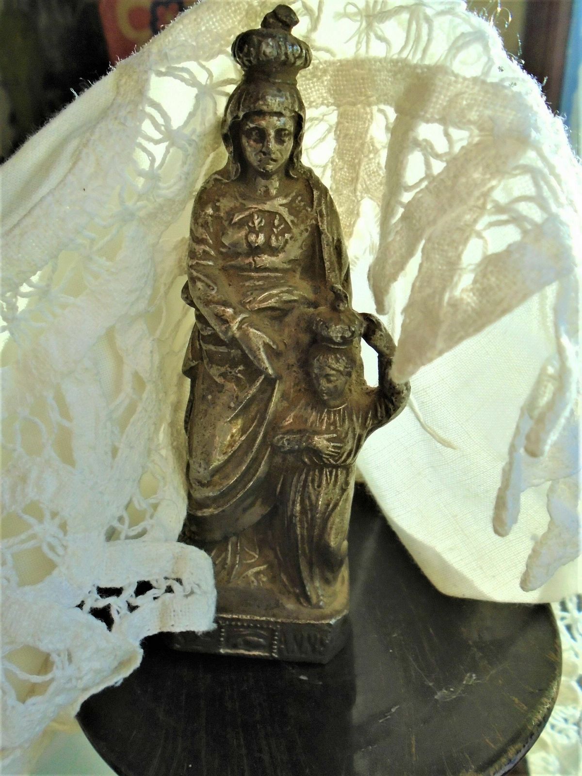photo furniture Antique French Bronze Cast St. Anne Statue, With The Child Jesus, St. Anne D'auray, Crowned Religious Figure