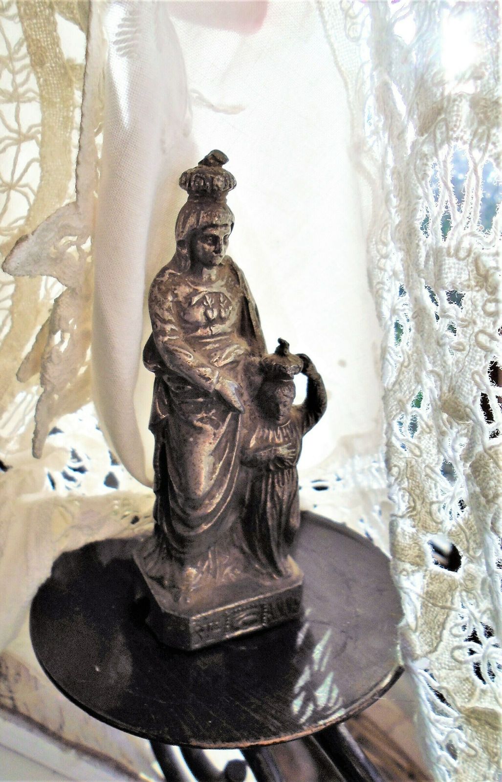 photo for sale Antique French Bronze Cast St. Anne Statue, With The Child Jesus, St. Anne D'auray, Crowned Religious Figure