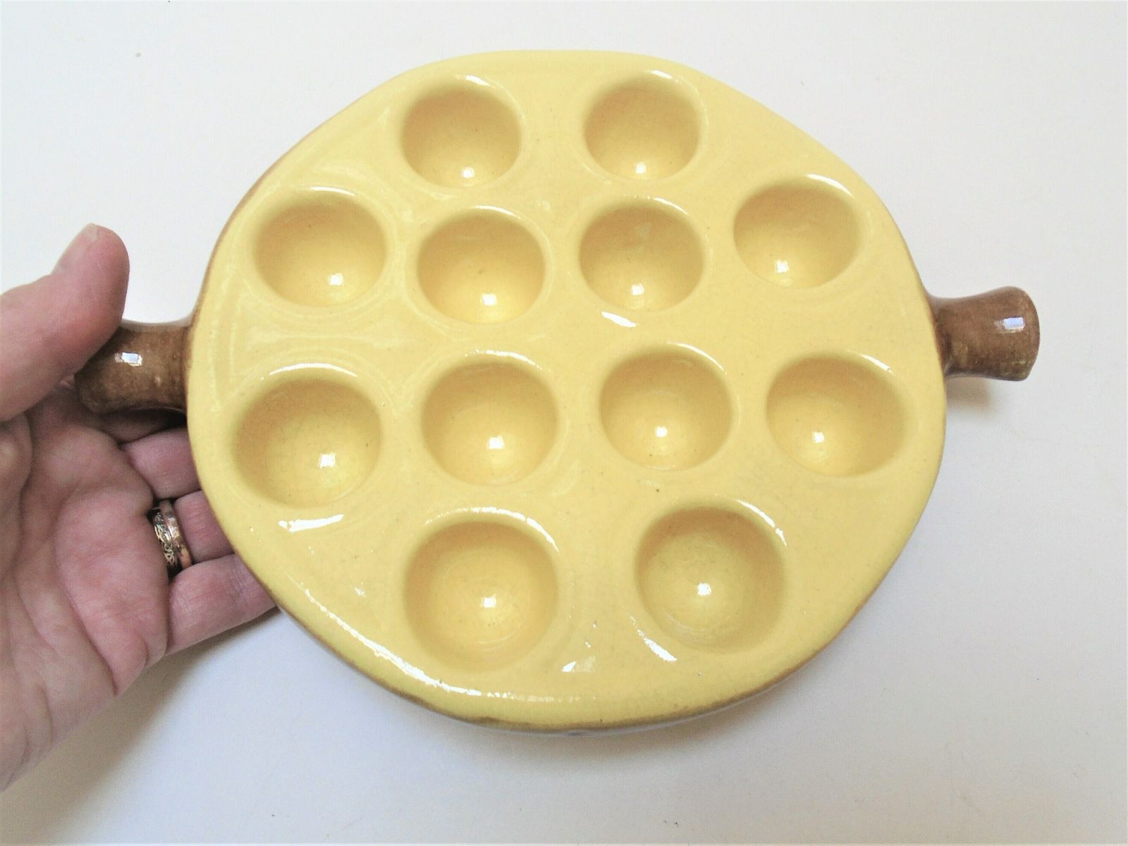 photo for sale Single Vintage French Emile Henry Stoneware Snail / Escargot Dish / Chunky Snail Plate, Heavy Lemon Yellow And Terracotta