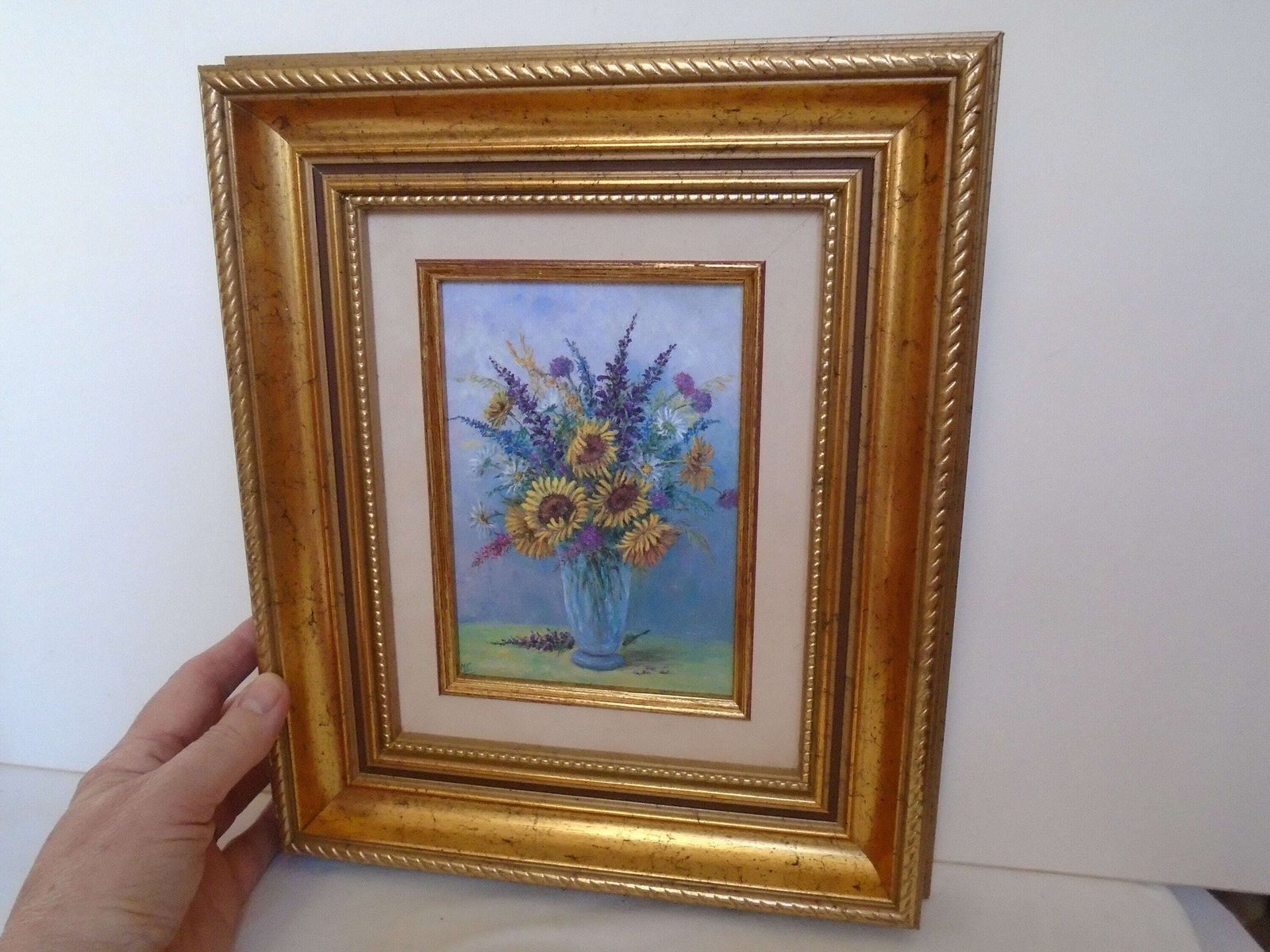Beautiful Vintage Original Oil Painting , Signed M. Schwab, Artist, Framed, On Canvas, Sunflowers And Purple Spires