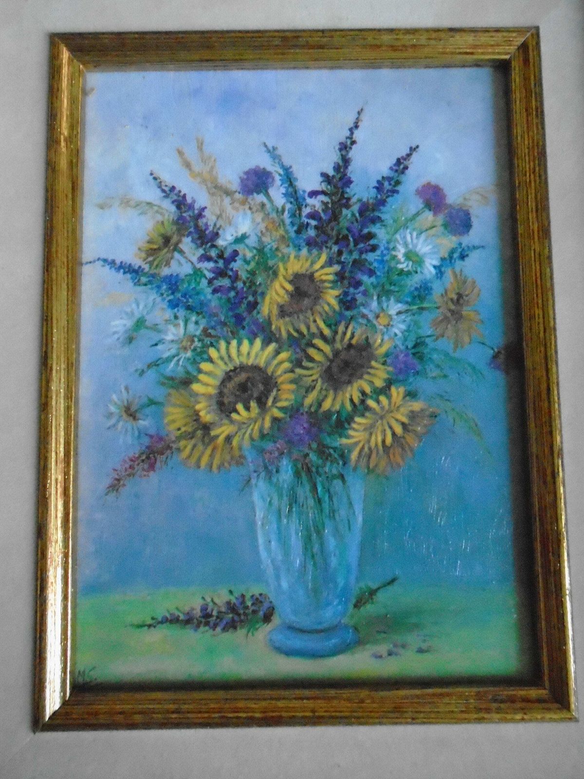 Beautiful Vintage Original Oil Painting , Signed M. Schwab, Artist, Framed, On Canvas, Sunflowers And Purple Spires photo for sale