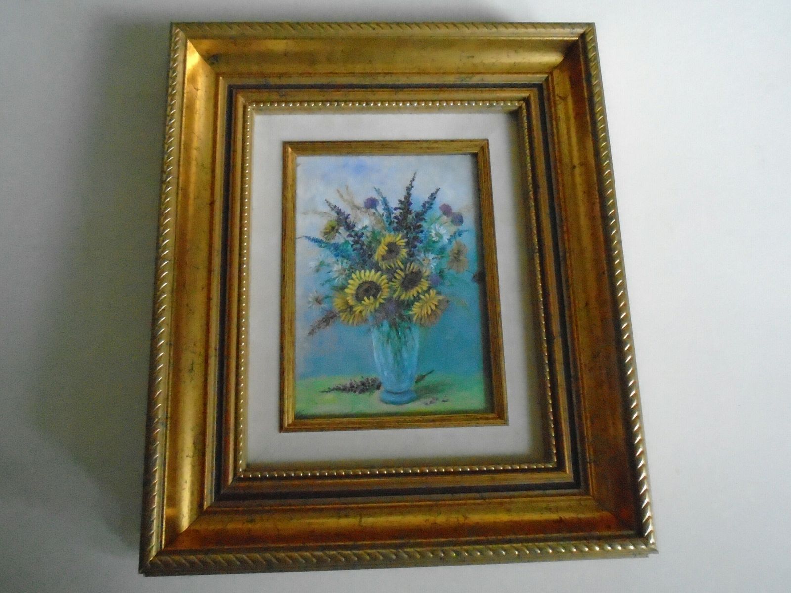 Beautiful Vintage Original Oil Painting , Signed M. Schwab, Artist, Framed, On Canvas, Sunflowers And Purple Spires photo 112.0