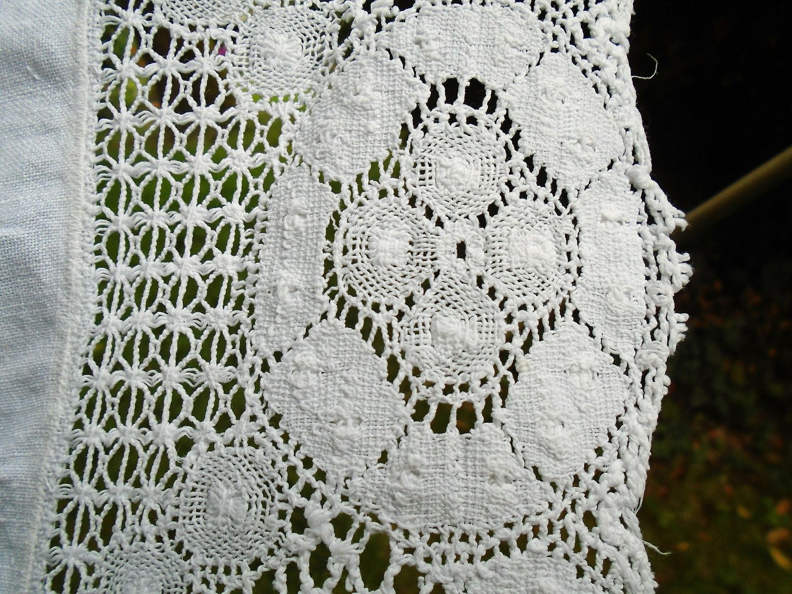 Vintage French White Linen And Lace Fireplace Mantle Dresser, Cantonniere, Table Runner With Green Embroidered Clover photo vinterior