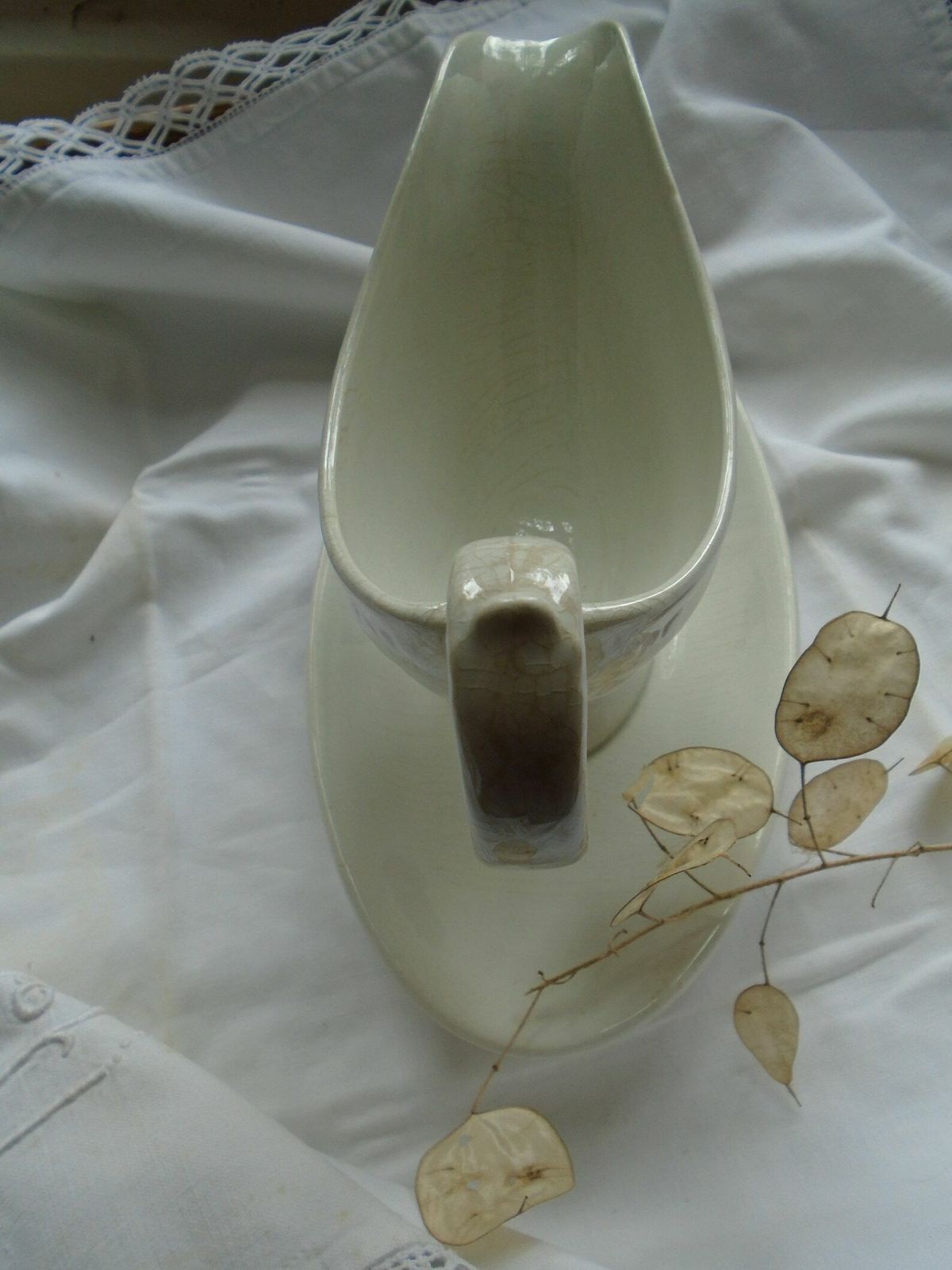 Beautiful Antique French Ironstone Choisy Le Roi Sauciere / Sauce Boat, Glazed Cream, Saucer Attached photo vintage