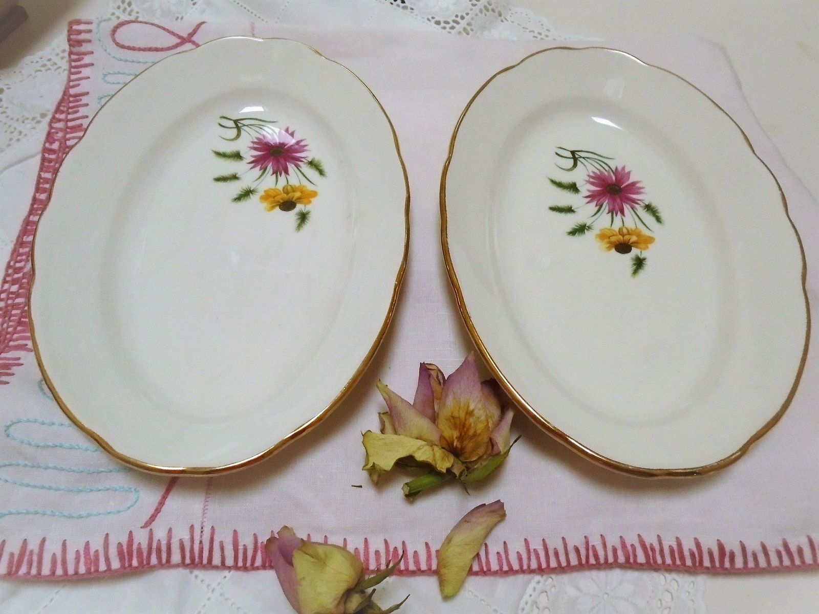2 Antique French Oval Serving Dishes, French Ravier Set, Floral Oval Serving Pair, Gien Feu D'artifice photo for sale