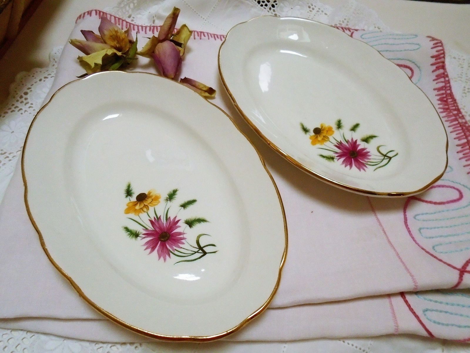 photo for sale 2 Antique French Oval Serving Dishes, French Ravier Set, Floral Oval Serving Pair, Gien Feu D'artifice