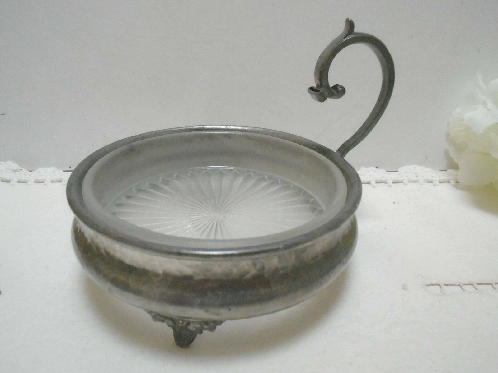 Antique English Craftsman Pewter Bottle Holder, Wine Bottle Coaster, Hammered Pewter Gift, Condiment Server