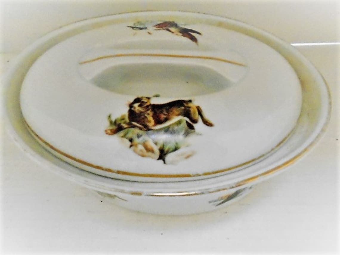 Vintage French White Apilco Lidded Terrine With Rabbits And Game Birds, Country Style Casserole Dish photo furniture