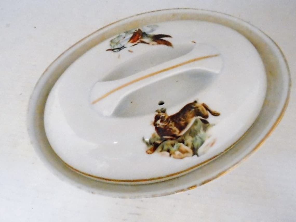 Vintage French White Apilco Lidded Terrine With Rabbits And Game Birds, Country Style Casserole Dish photo for sale