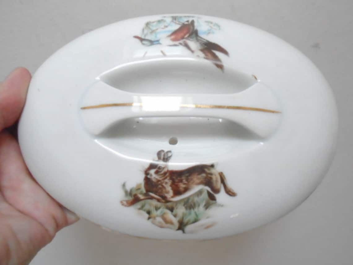 Vintage French White Apilco Lidded Terrine With Rabbits And Game Birds, Country Style Casserole Dish photo vinterior