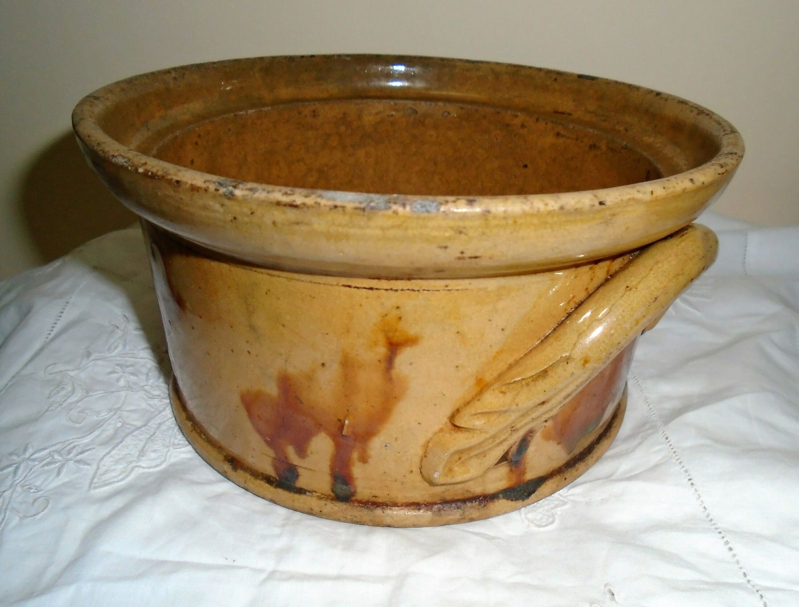 photo for sale Antique 1900 French Round Stoneware Terrine, Rillettes Terrine, Flower Pot, Rustic Farmhouse Pot, Round Stone Dish
