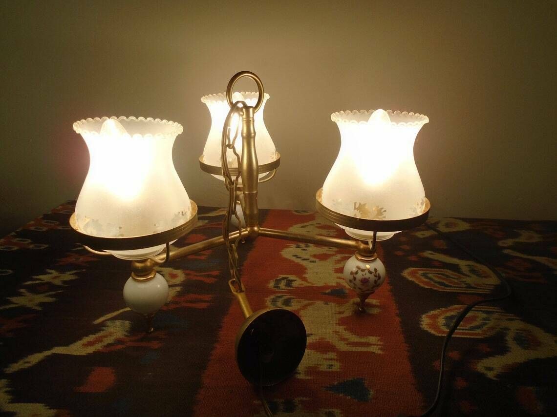 photo furniture Vintage French Ceiling Light Fitting, Made Of Brass, Porcelain And Glass, 1950s