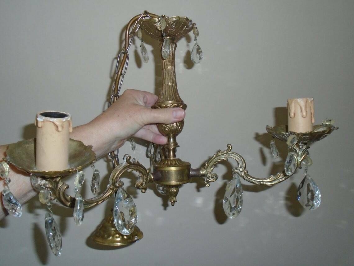 Lustre à suspension vintage en bronze et verre cristal, 3 bougies photo furniture