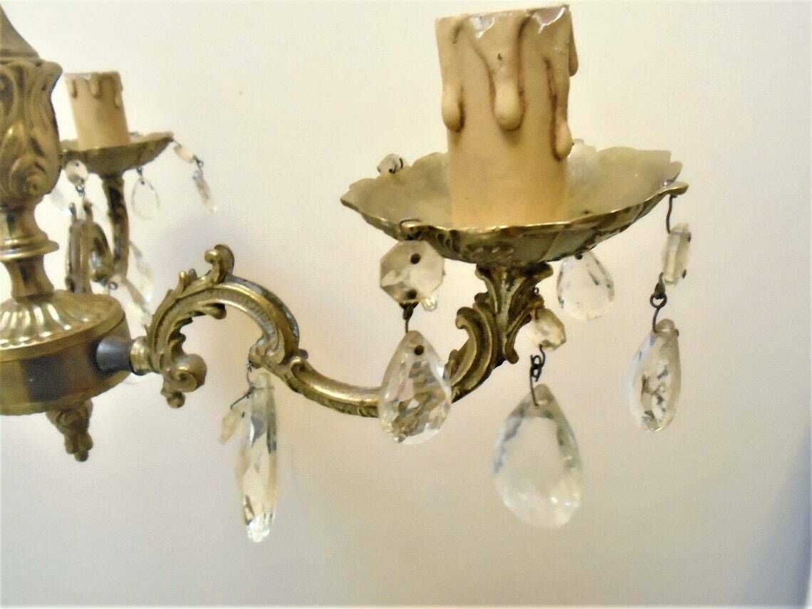 Lustre à suspension vintage en bronze et verre cristal, 3 bougies photo 207.0