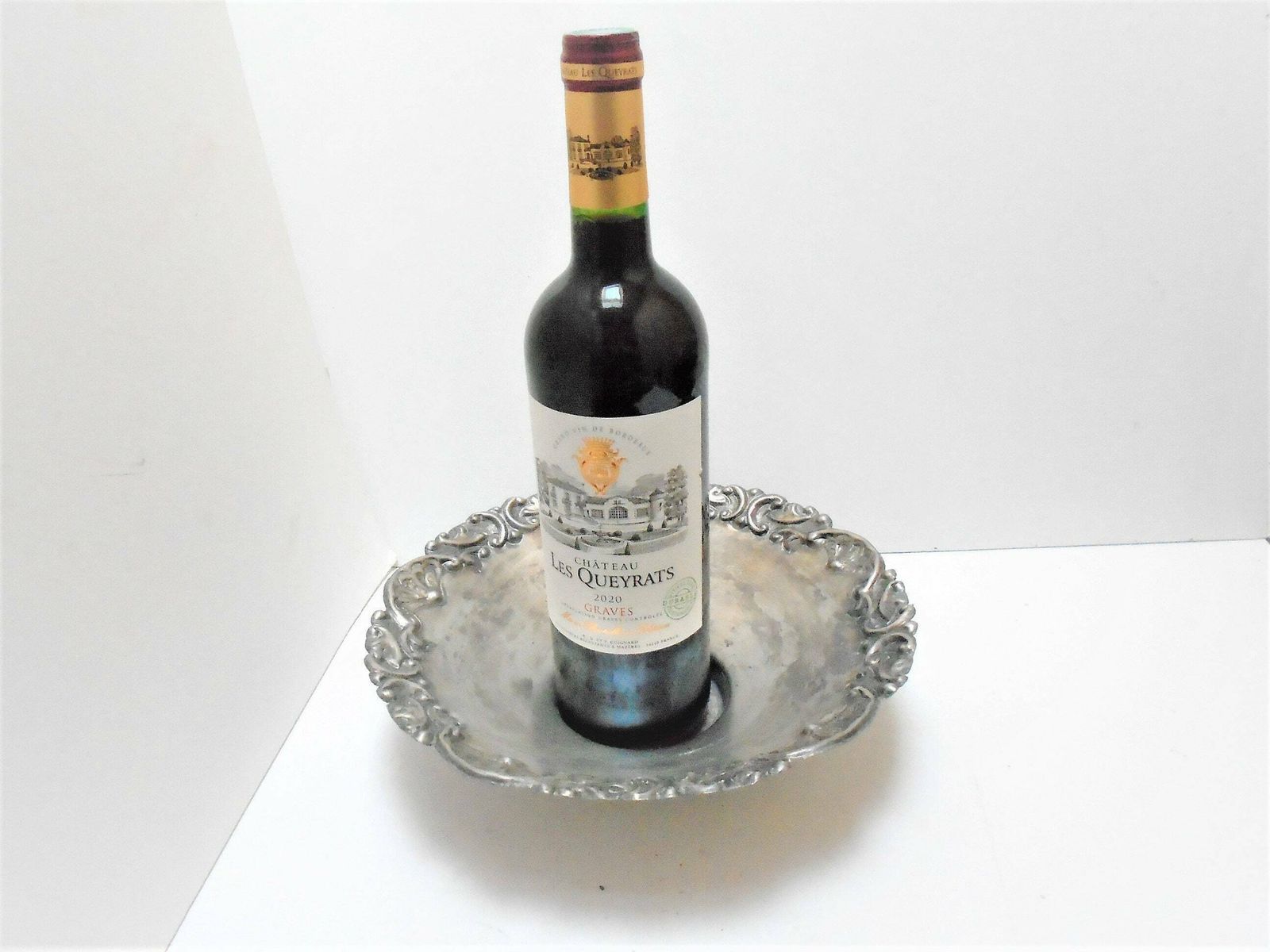 photo furniture Antique French Metal Art Nouveau Silver Candle Holder, Circa 1920s, Wine Bottle Tray