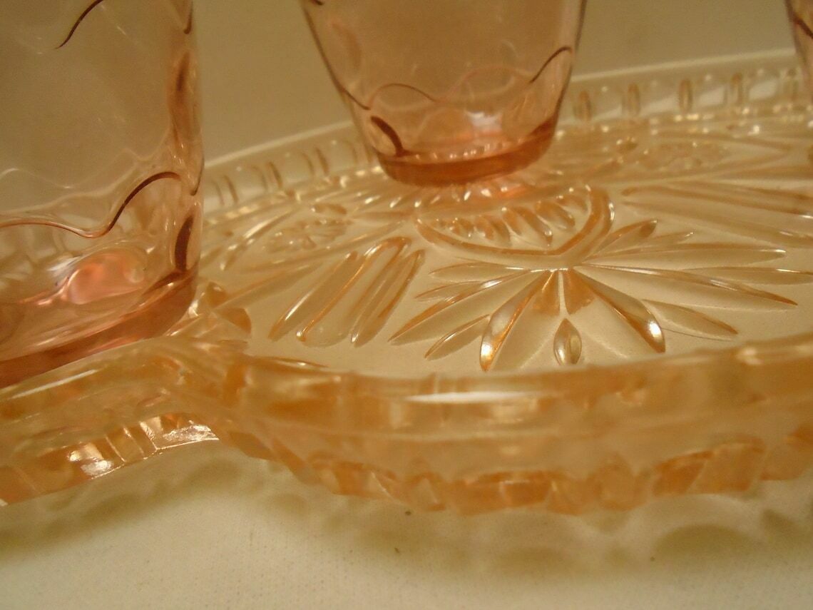 French Art Deco Pressed Glass Tray With 3 Glasses, Peach Salmon Depression Glass Barware Set, Dressing Table Water Glasses photo for sale