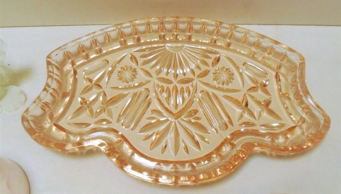 French Art Deco Pressed Glass Tray With 3 Glasses, Peach Salmon Depression Glass Barware Set, Dressing Table Water Glasses photo buy