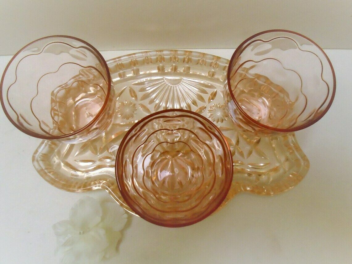 photo furniture French Art Deco Pressed Glass Tray With 3 Glasses, Peach Salmon Depression Glass Barware Set, Dressing Table Water Glasses