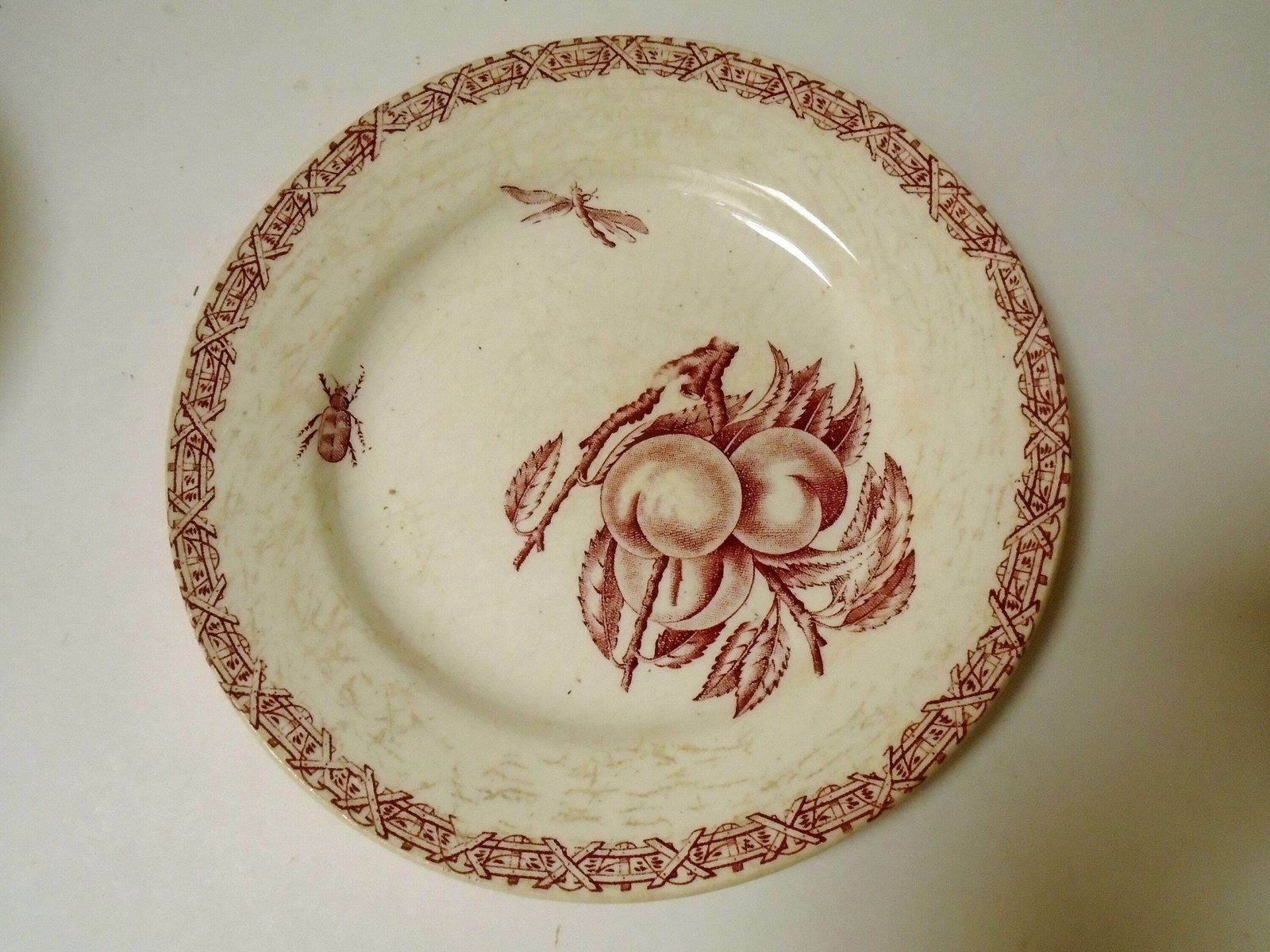 One Antique French Choisy Le Roi Ironstone Side Plate Dish, Red Transferware, 1800s, Plum Design With Insects, Fruit Plate