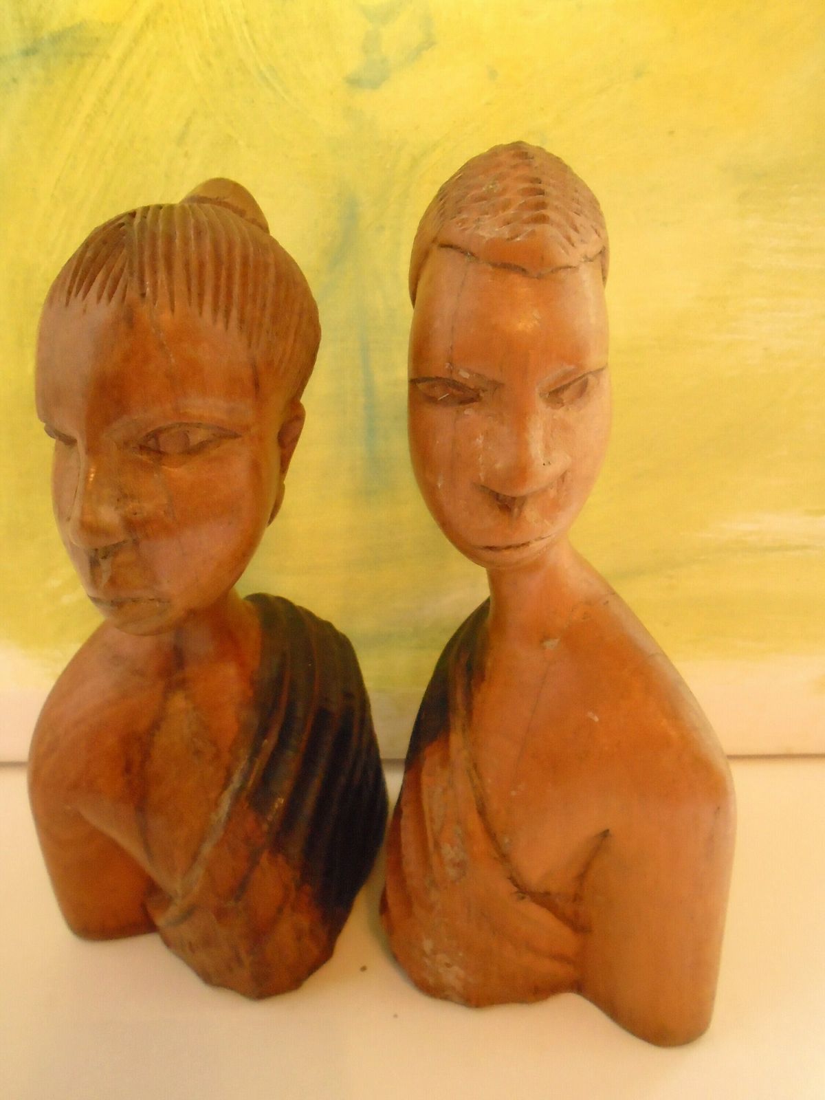 Two Vintage Carved African Women Statues, Wood Bookends, African Tribal Art Book Ends photo Home Decor