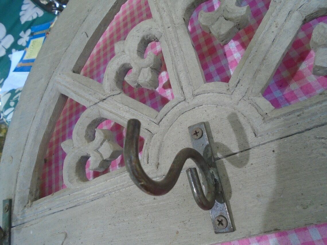 Antique French Hand Carved Fleur De Lys Wood Coat Rack, Wrought Iron Hooks, Rustic Shabby Chic Coat / Hat Rack photo furniture