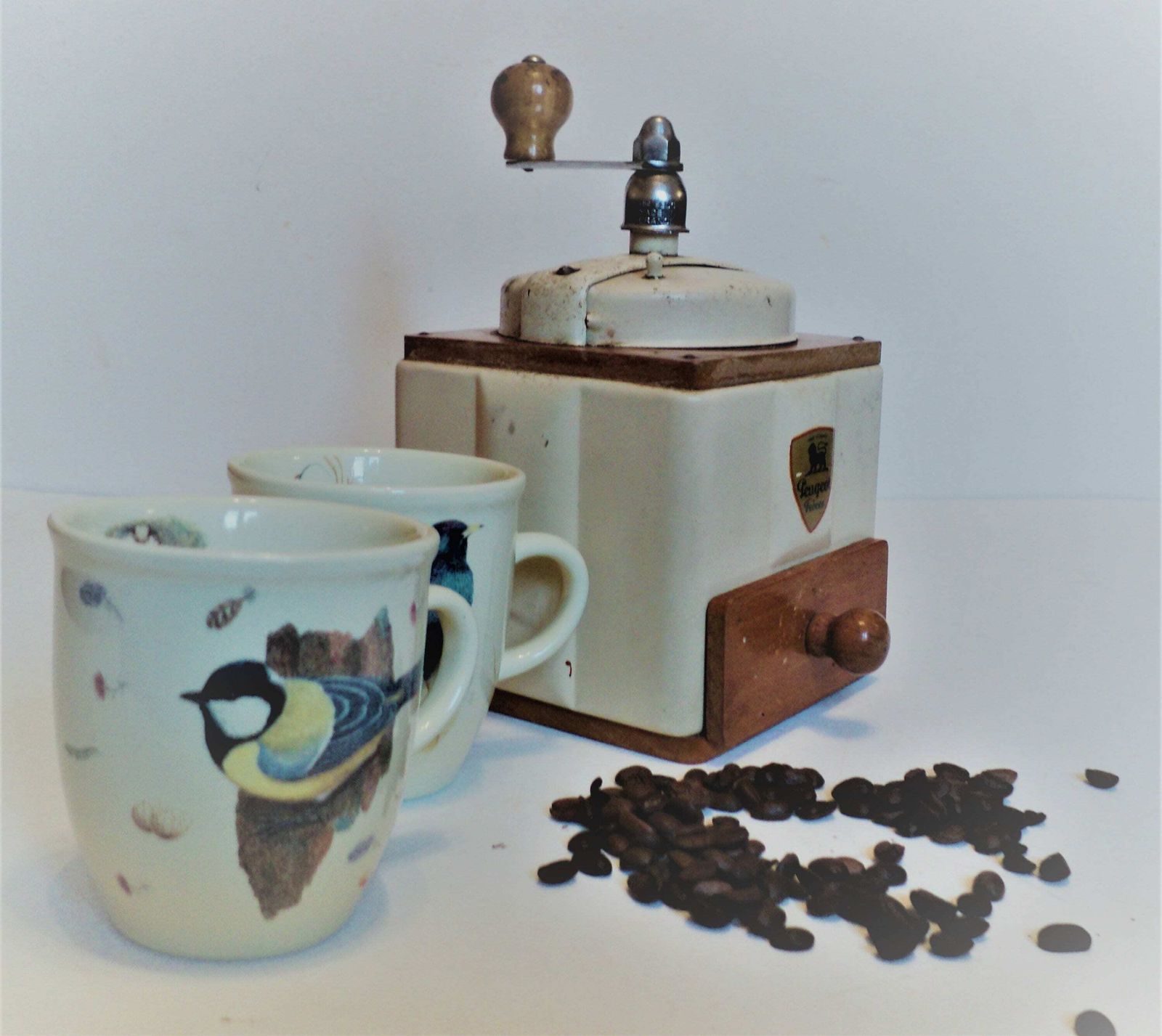 Antique French Peugot Freres Mechanical Coffee Grinder, Cream Metal Lid And Sides, Hand Made Wood Case With Drawer photo 95.0