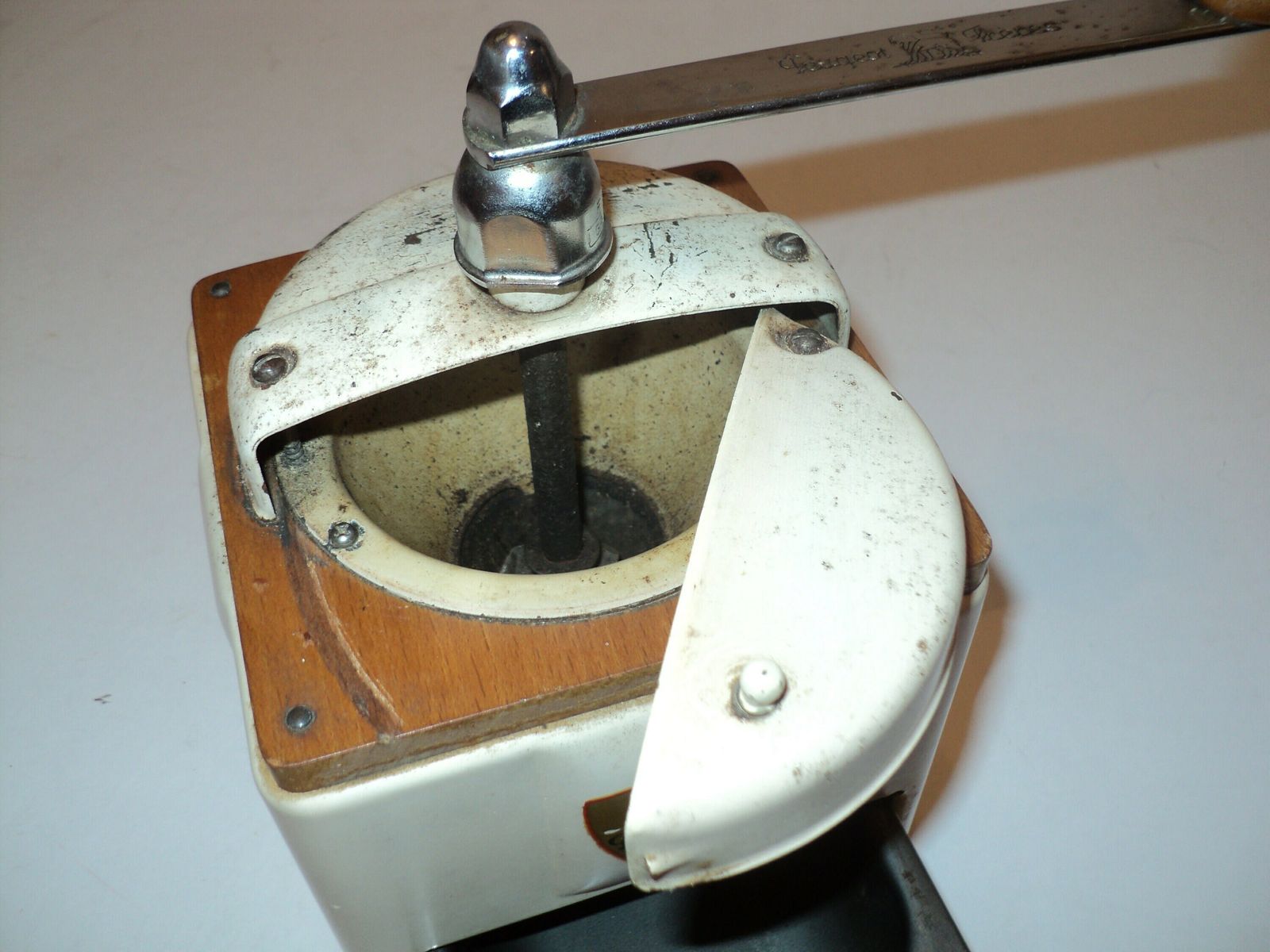 Antique French Peugot Freres Mechanical Coffee Grinder, Cream Metal Lid And Sides, Hand Made Wood Case With Drawer photo vinterior