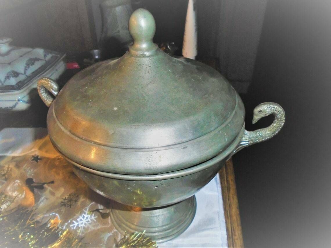 Antique French Pewter Soup Tureen Or Serving Dish, Lidded, Circa 1920s, Art Deco, Bird Handles photo 125.0