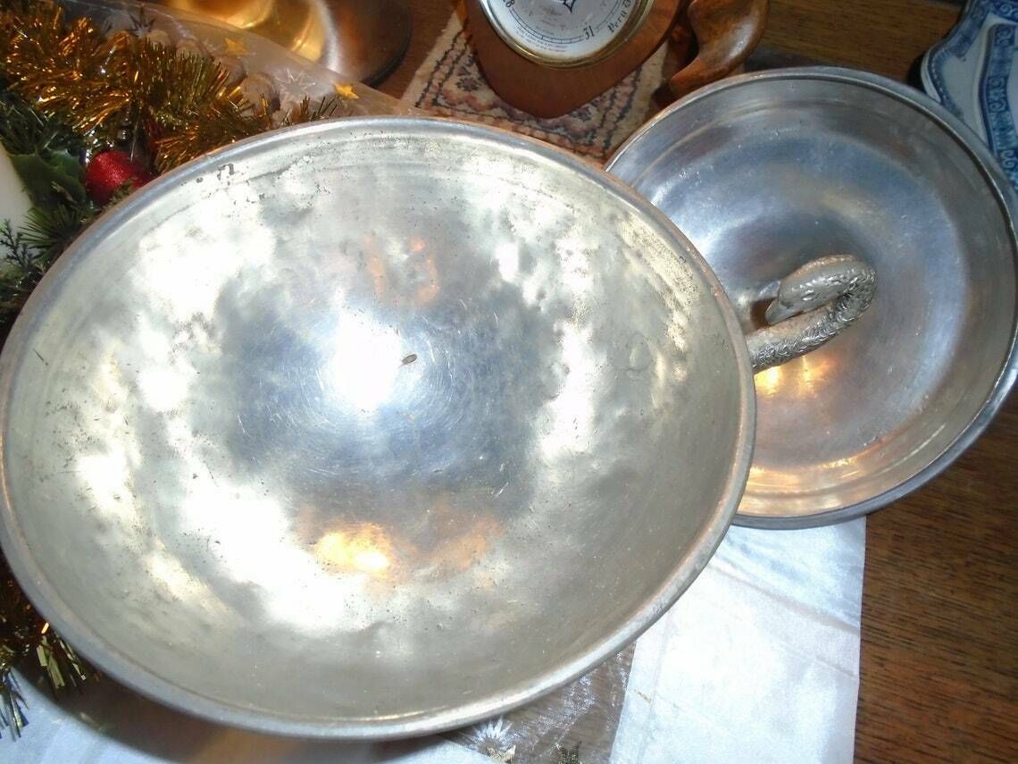 photo furniture Antique French Pewter Soup Tureen Or Serving Dish, Lidded, Circa 1920s, Art Deco, Bird Handles