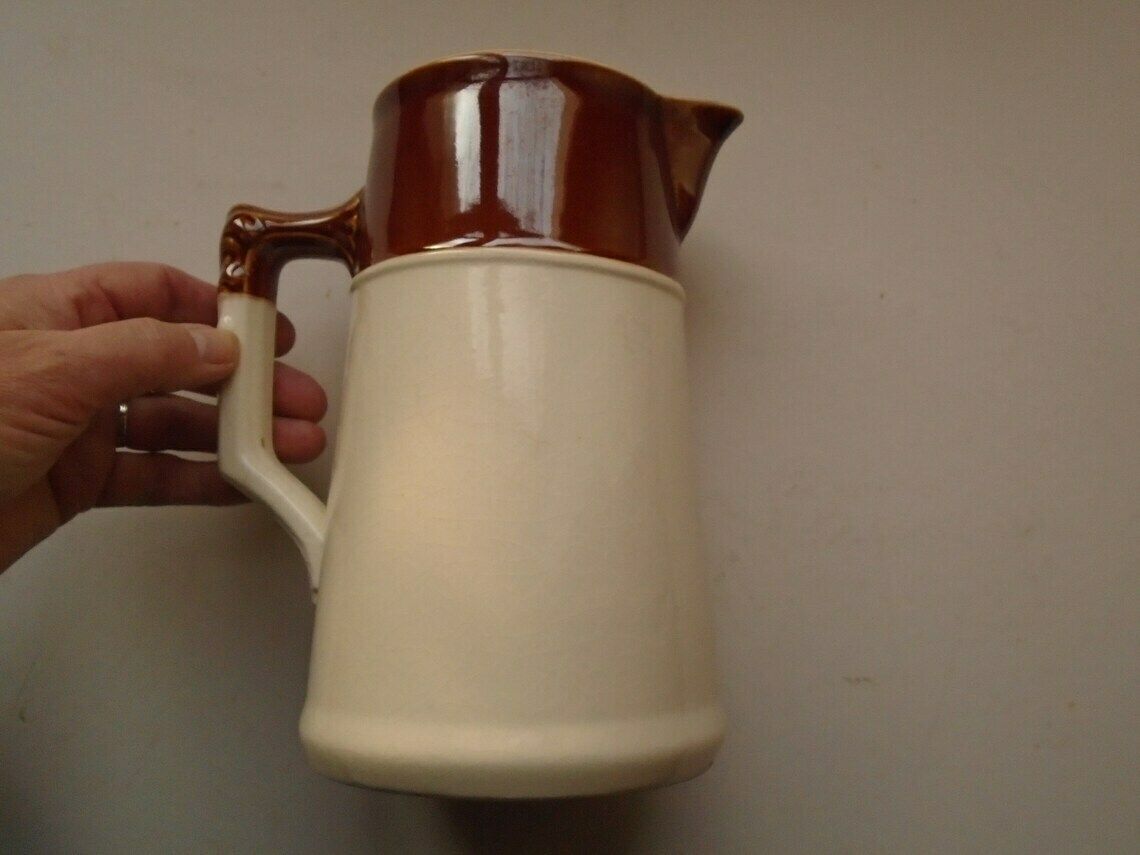 Antique French Tall Cream And Brown Ceramic Pitcher, Water Jug, Flower Vase, Ironstone Pitcher photo for sale