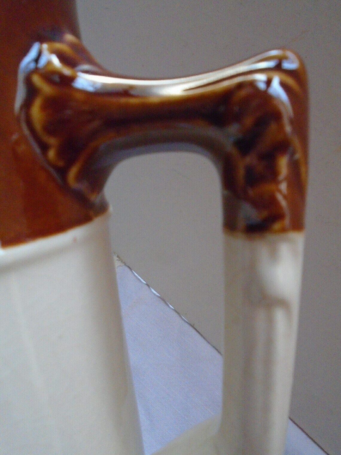 Antique French Tall Cream And Brown Ceramic Pitcher, Water Jug, Flower Vase, Ironstone Pitcher photo vinterior