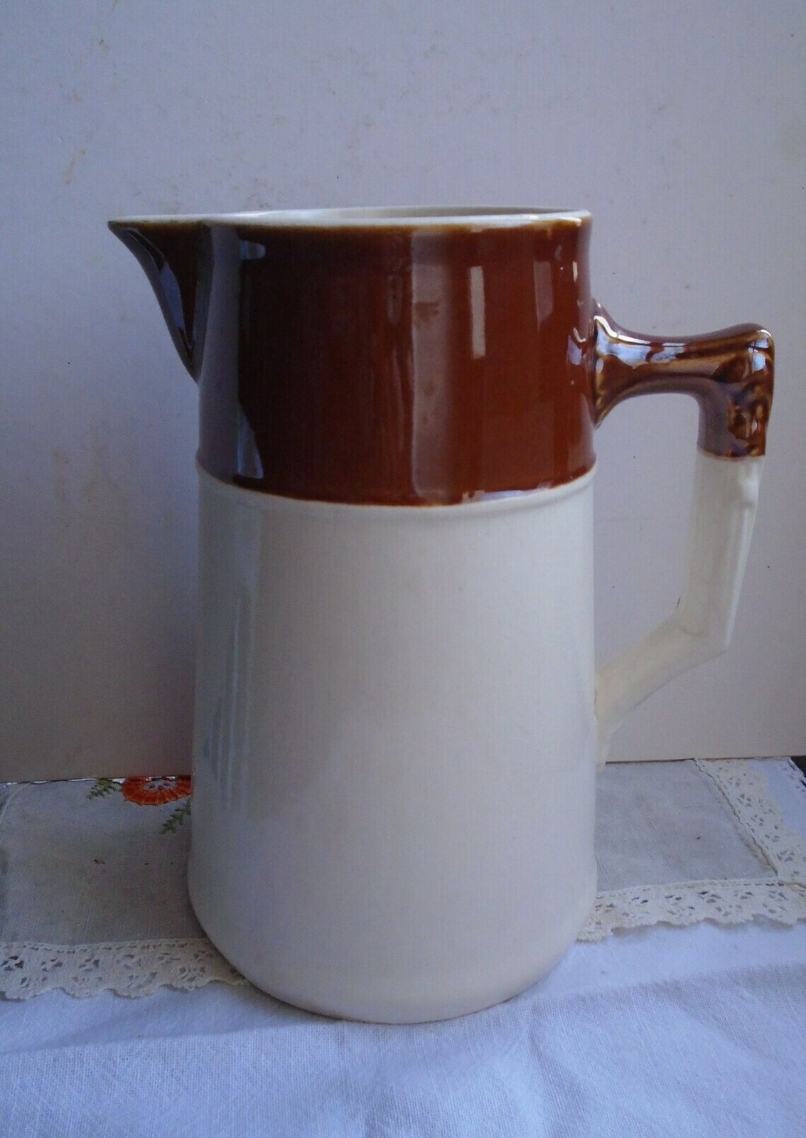 Antique French Tall Cream And Brown Ceramic Pitcher, Water Jug, Flower Vase, Ironstone Pitcher photo vintage