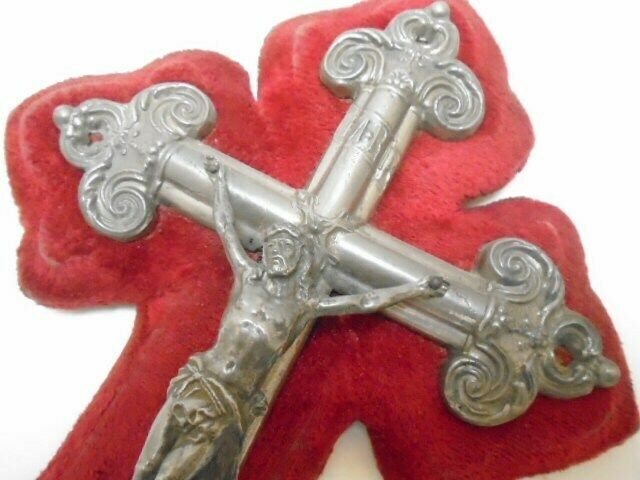 Antique French Benitier With Silver Tone Crucifix On Timeworn Red Velvet photo Art