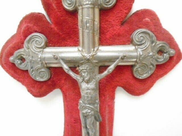 Antique French Benitier With Silver Tone Crucifix On Timeworn Red Velvet photo buy